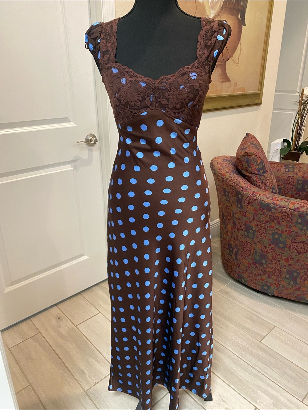 Thirty Thirty Polka Dot Lace-Trim Maxi Dress with Blue Dots